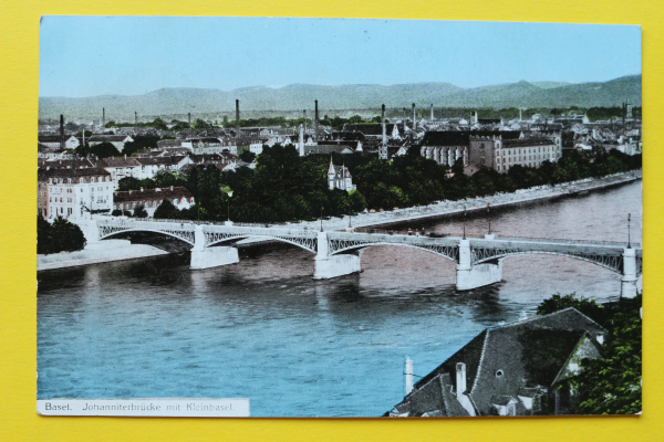 Ansichtskarte Basel / Johannigerbrücke mit Kleinbasel / 1912 / Ortsansicht – Fabrikschlote